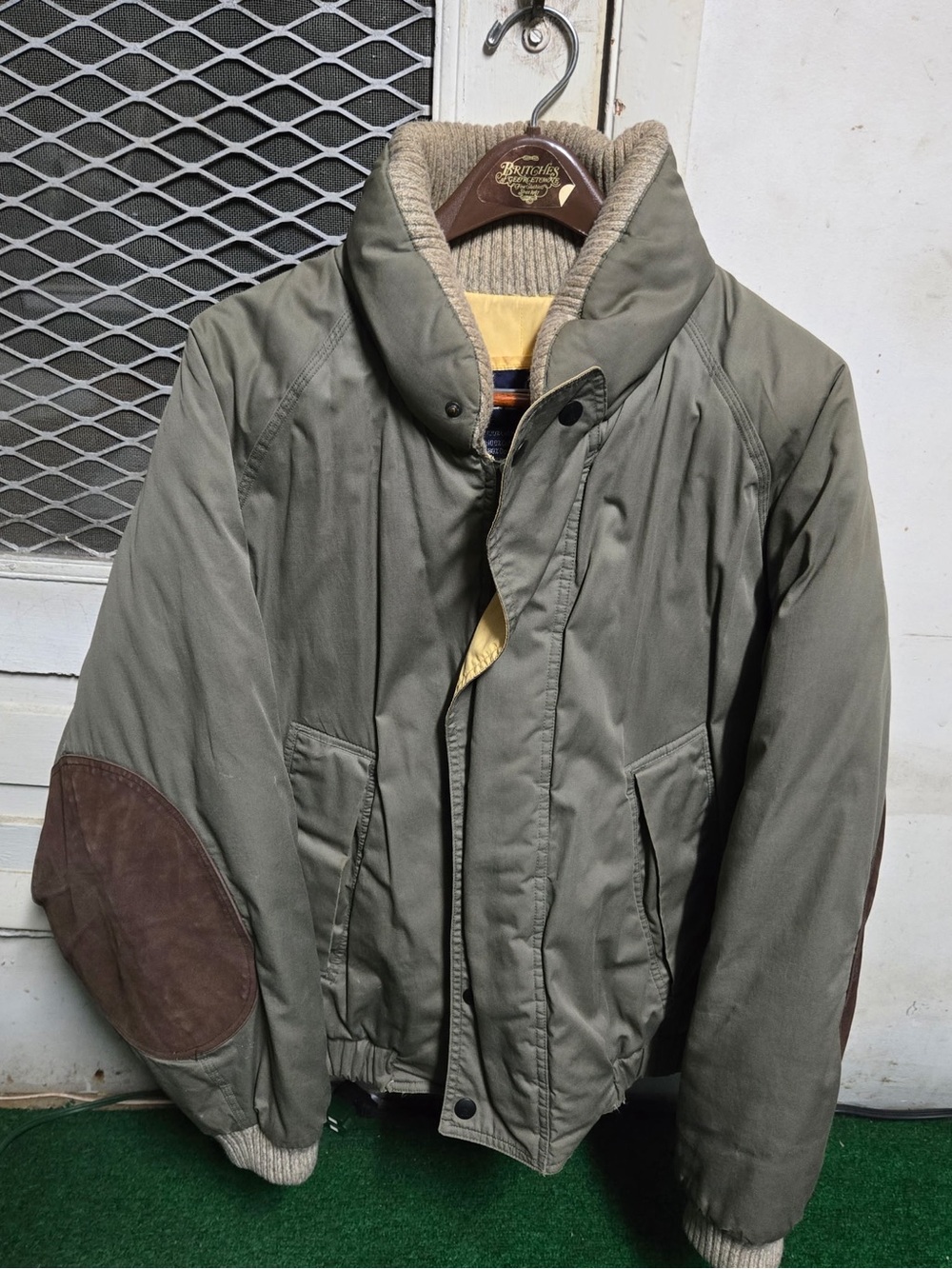 Nautica Olive Green Bomber Jacket with Brown Elbow Patches
